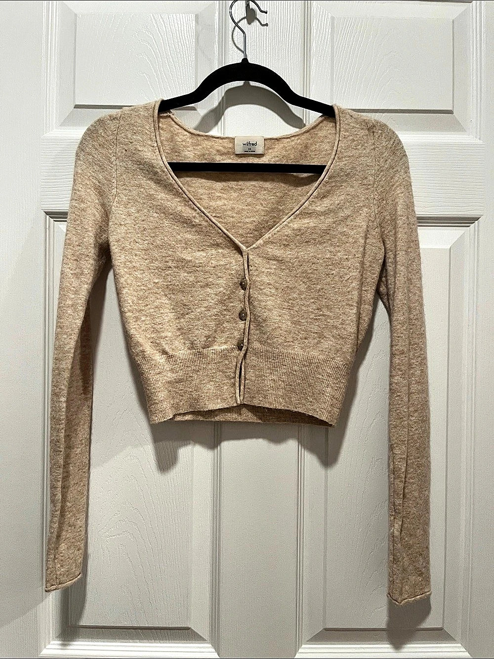 Aritzia Wilfred Cropped Plunge Front Cardigan Wool V-Neck Beige XS